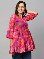 Pink Cotton Geometric Printed A-line Top - Bosky | Grocsy