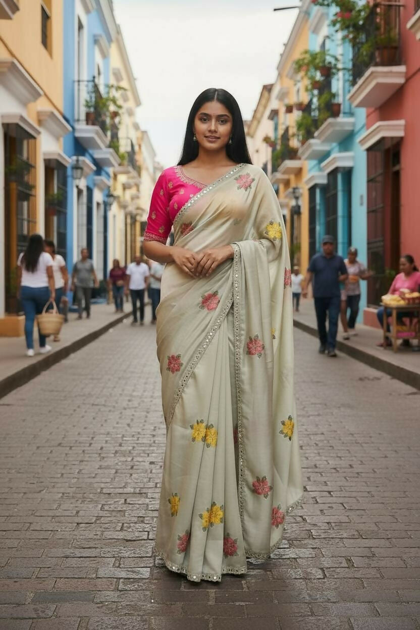 Teeya Creation Cream Rangoli Silk Embroidery Work Party Wear Designer Saree | Grocsy
