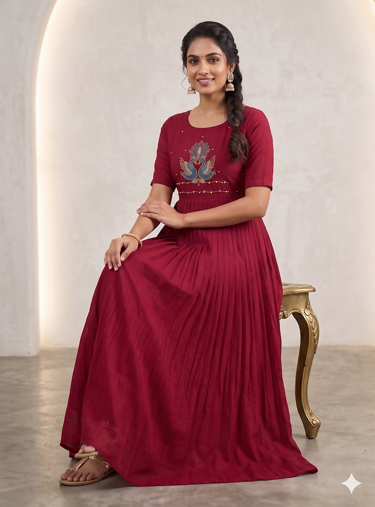 Teeya Creation Women's New Trendy Rani Pink Pleated Maxi Dress with Intricate Peacock Beadwork | Grocsy