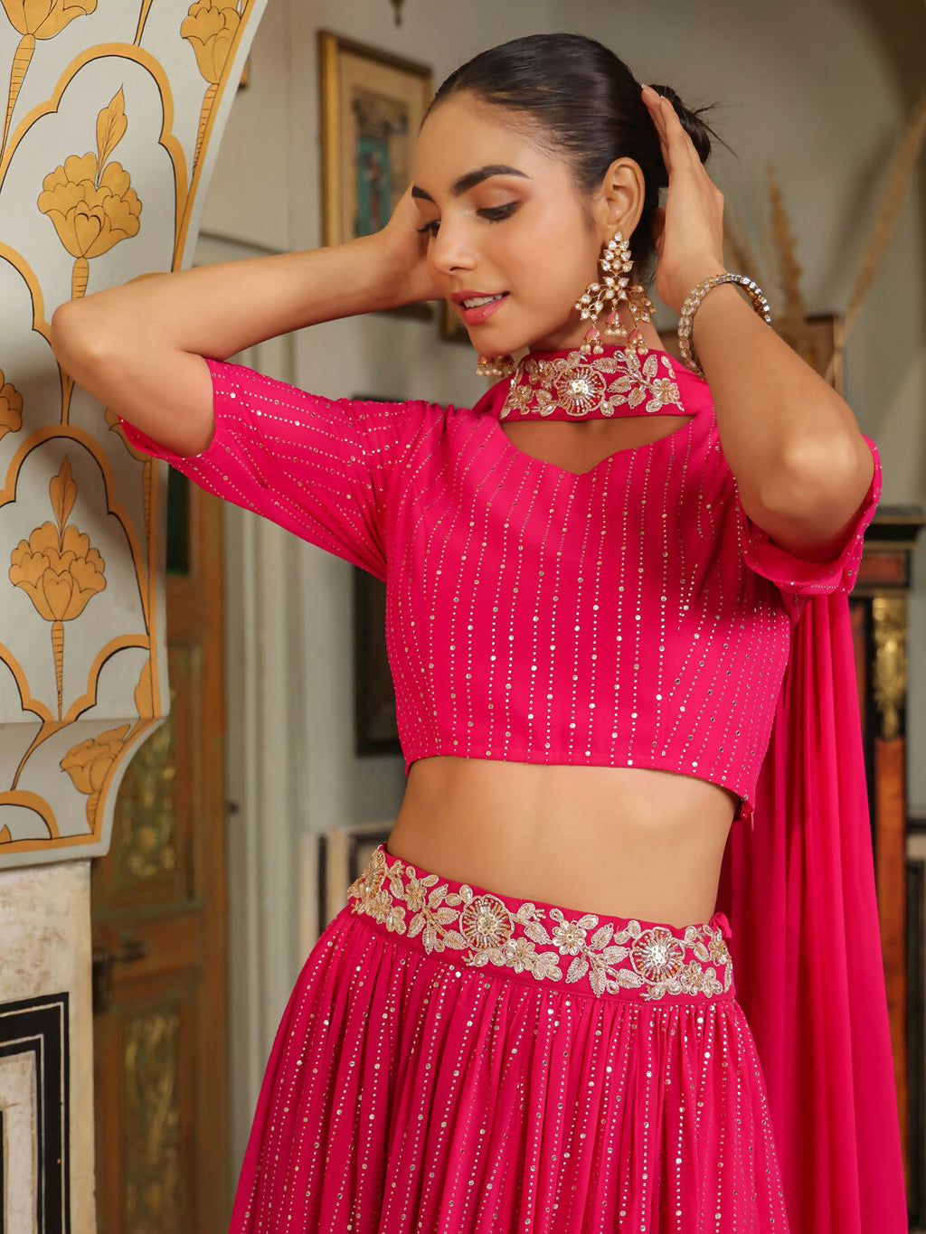 Janasya Pink Georgette Foil Print Lehenga Choli Dupatta | Grocsy
