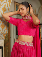 Janasya Pink Georgette Foil Print Lehenga Choli Dupatta | Grocsy
