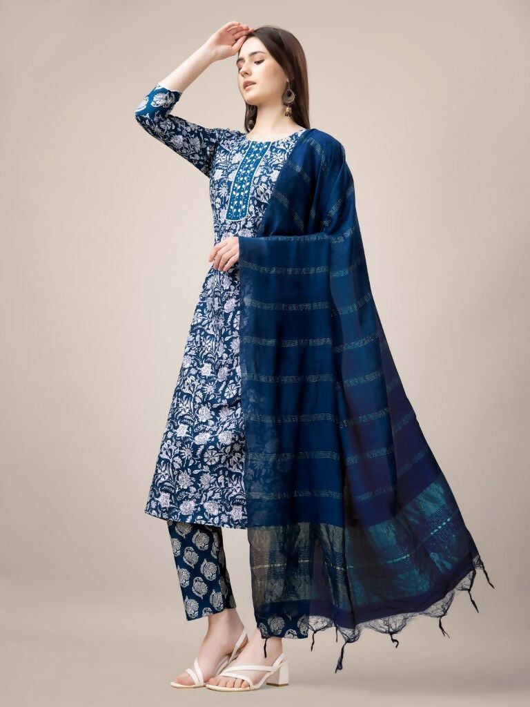 Jyoti Fashion Women's Morpich Rayon Print with Embroidery & Fancy Lace Work Kurta with Trouser & Dupatta | Grocsy