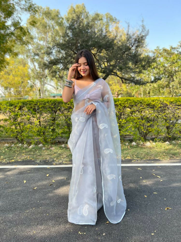 Vamsee Samriddhi Grey Organza Saree | Grocsy