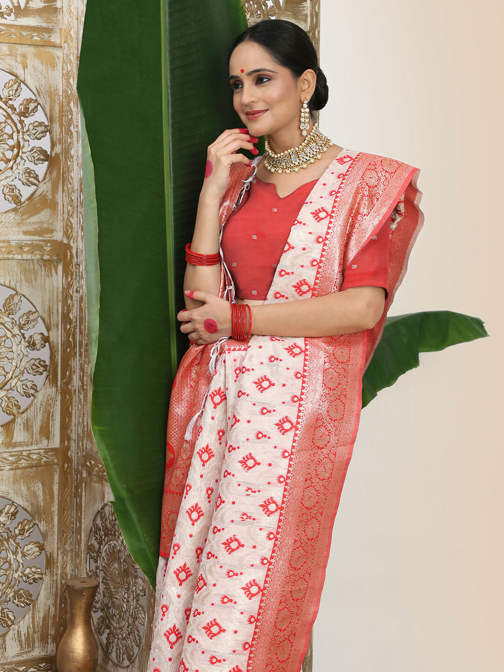 Shree Shyam Fashion Linen Cotton Red & White Saree | Grocsy