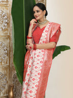 Shree Shyam Fashion Linen Cotton Red & White Saree | Grocsy