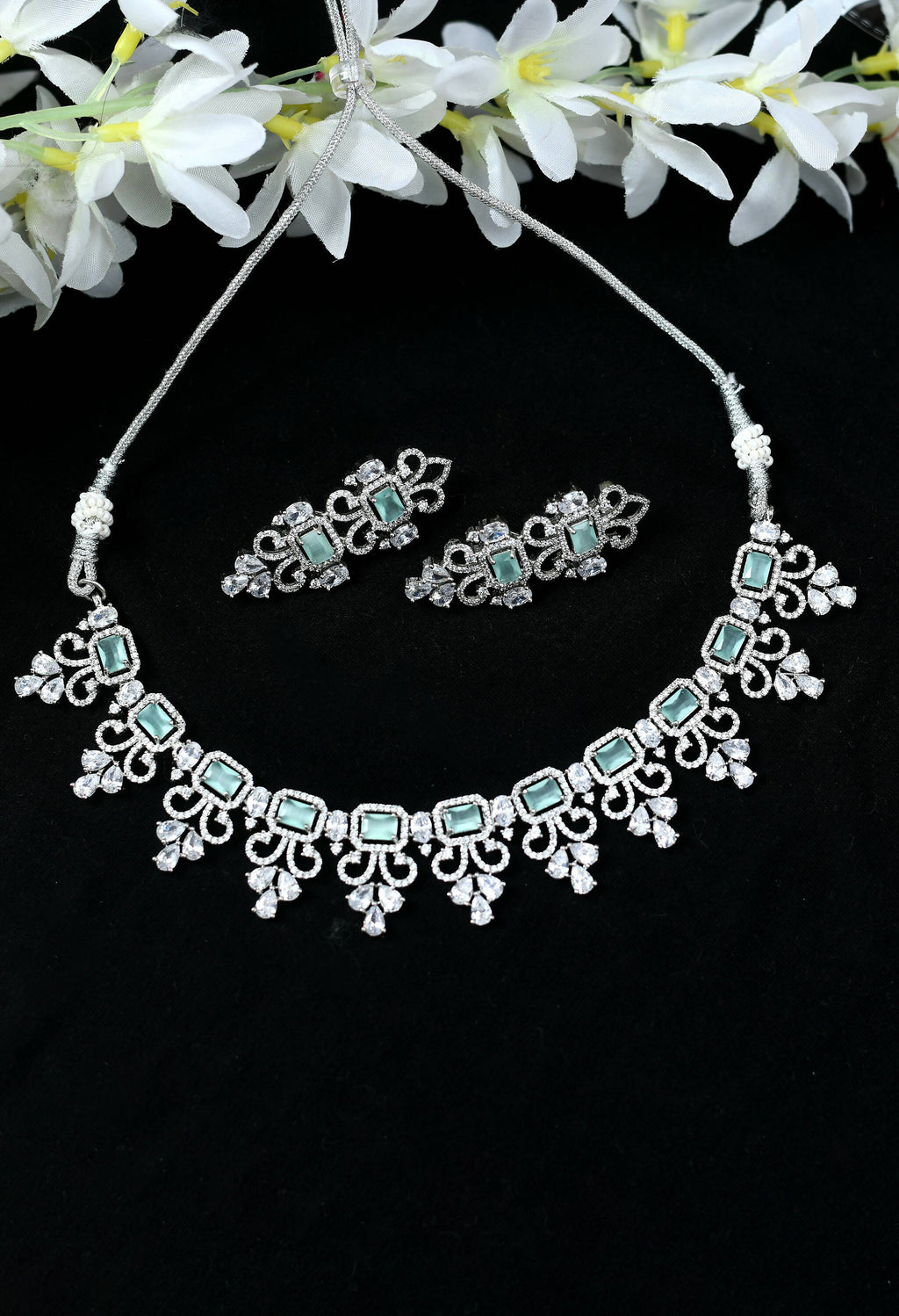 Mominos Fashion Johar Kamal Silver-Plated American Diamond Pista Green Choker Set | Grocsy