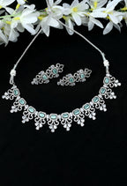 Mominos Fashion Johar Kamal Silver-Plated American Diamond Pista Green Choker Set | Grocsy