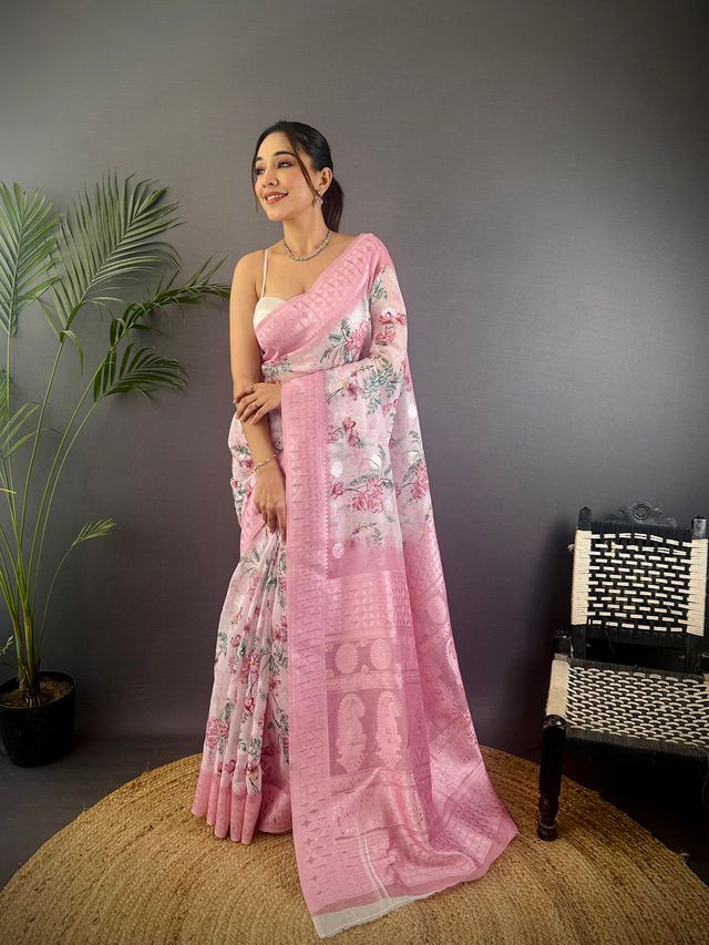 Elora Baby Pink Silk Floral Motifs Coppery Tone Contrast Floral Border Banarasi Saree | Grocsy