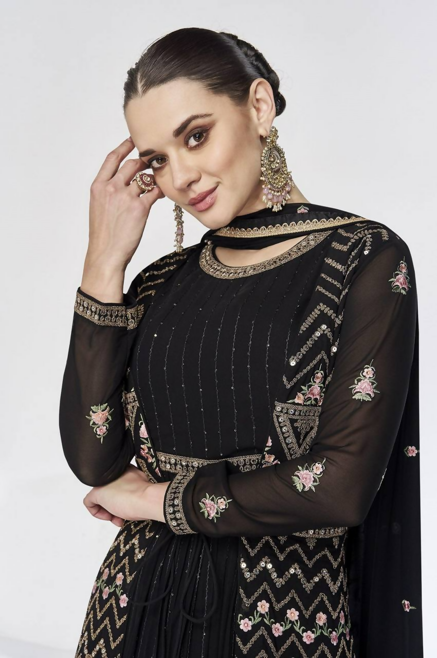 Lorenvalley Fashion Black Faux Georgette Embroidery Work Gown Jacket Stitched | Grocsy