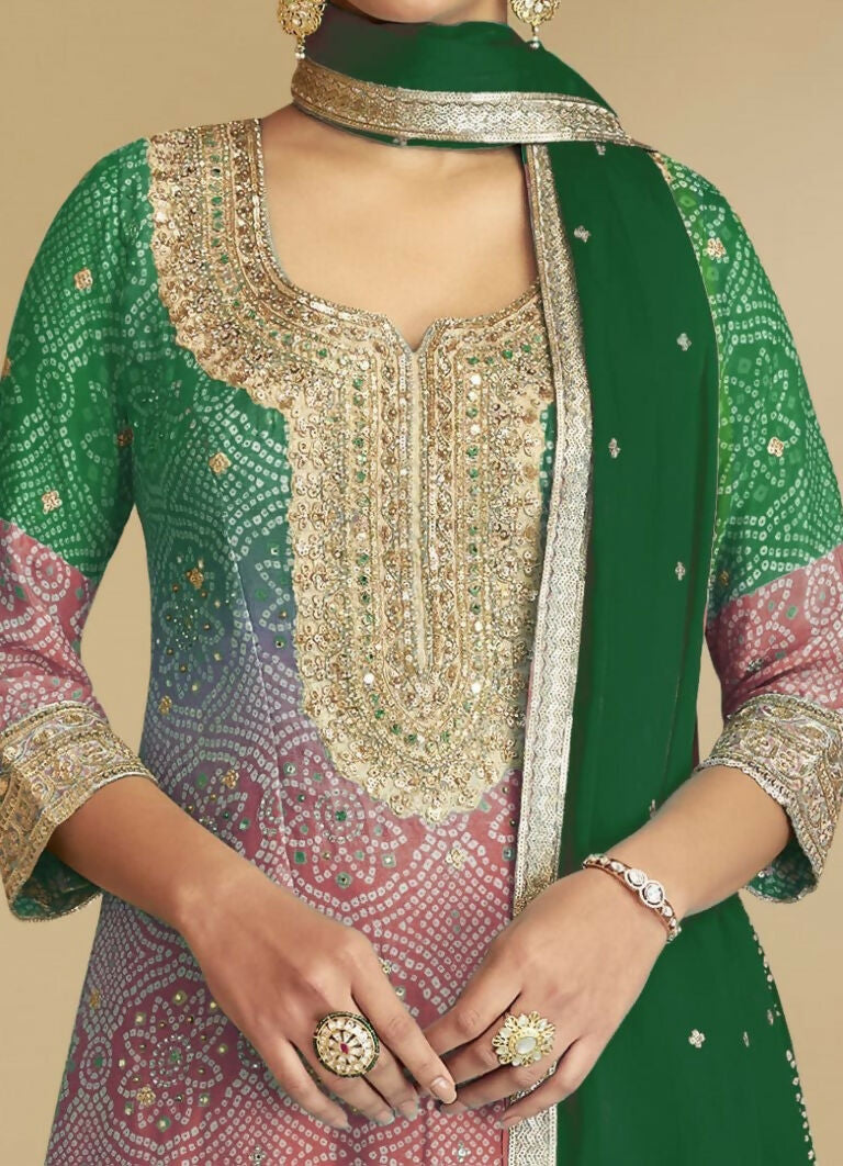 Vastranavya Bandhej Printed Chinon Chiffon Embroidered Sequins Pakistani Suit | Grocsy