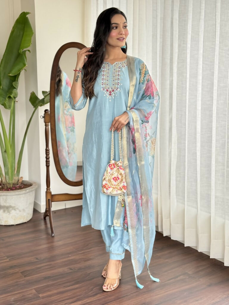 Lavender Viscose chanderi Stitched Suit With Dupatta - Tanisha | Grocsy