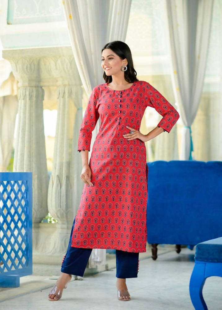Yufta Women's Red Handblock Printed Kurta Set | Grocsy