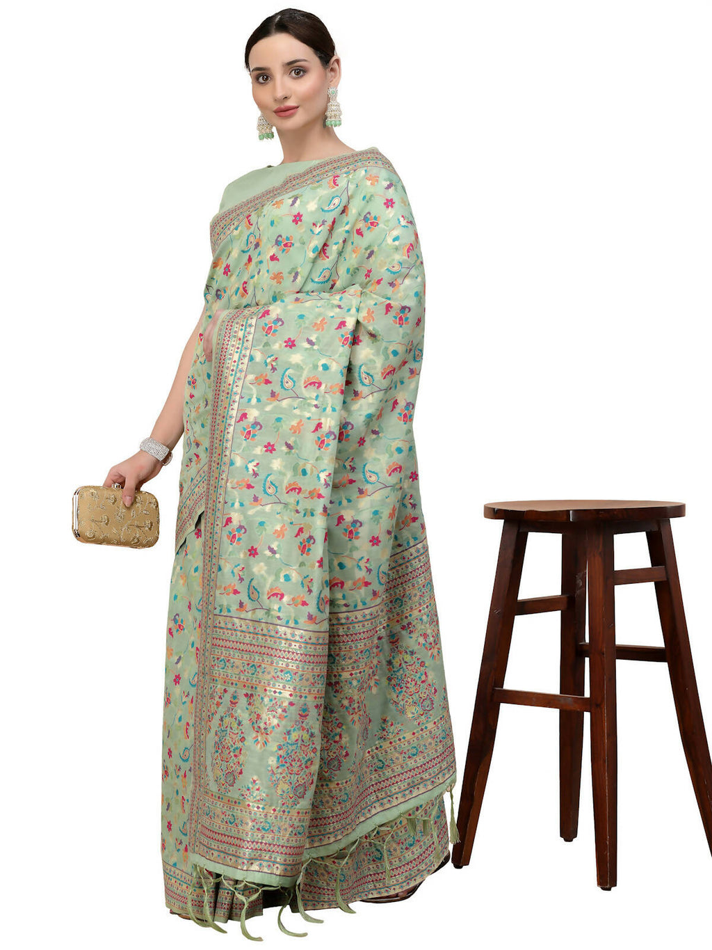 Sea Green Silk Blend Woven Design Saree With Unstitched Blouse Piece - Aloki | Grocsy