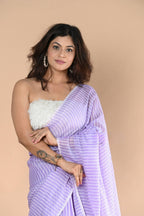 Very Much Indian Designer Pure Cotton Saree With All Over Linear Stripes - Lavender | Grocsy