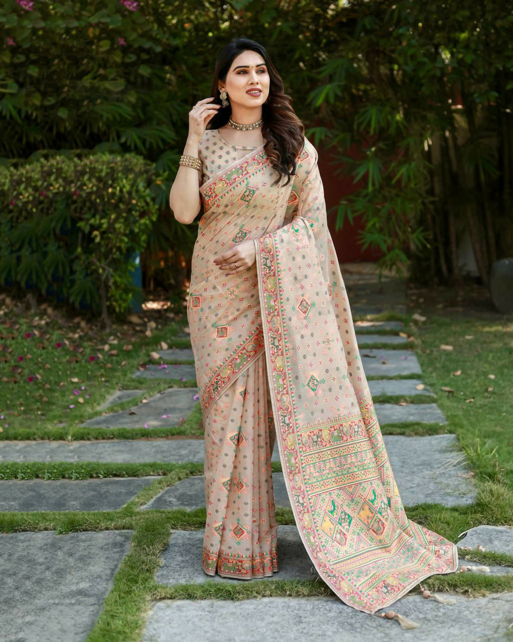 Vastranavya Luxury and Beautiful Soft, Smooth, Flowing Original Pashmina Soft Cotton Saree with Matching Blouse Fabric - Beige | Grocsy