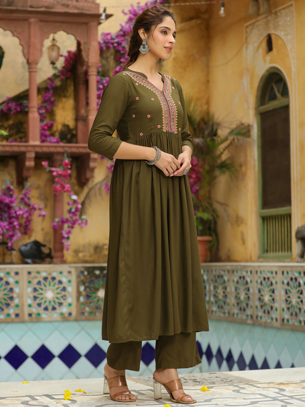 Janasya Olive Rayon Embroidered Kurta & Bottom | Grocsy