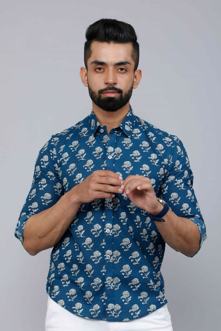 Miravan Men's Blue Spread Collar Floral Print Casual Shirt | Grocsy