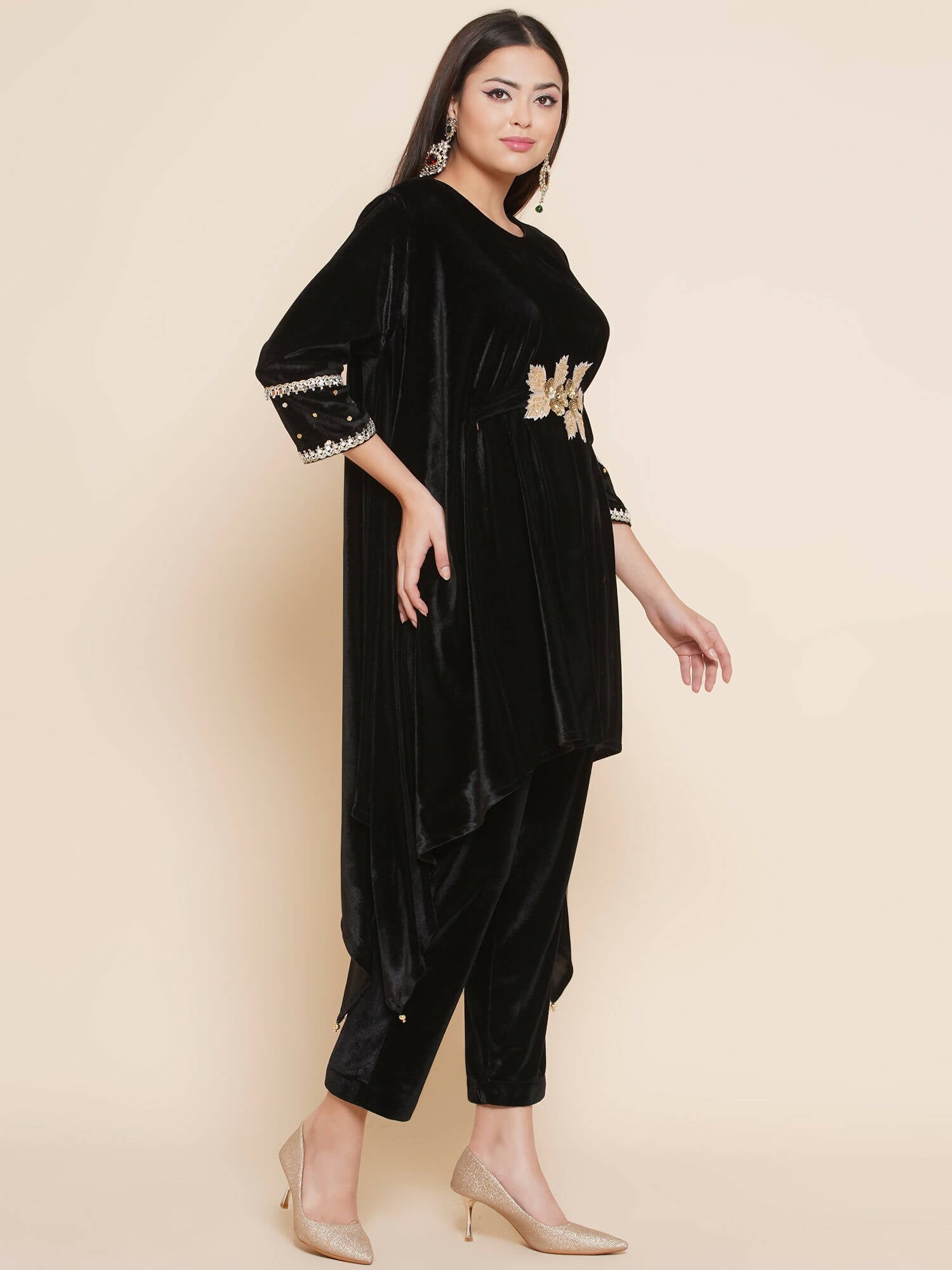 Women Republic Black Velvet Kaftaan Style Kurta With Pants | Grocsy
