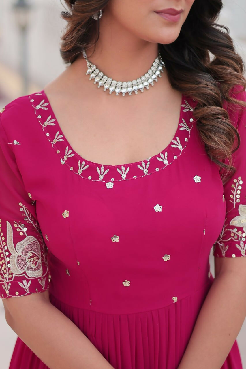 Vastranavya Premium Designer Faux Blooming with Embroidery Zari Sequins work Gown - Pink | Grocsy