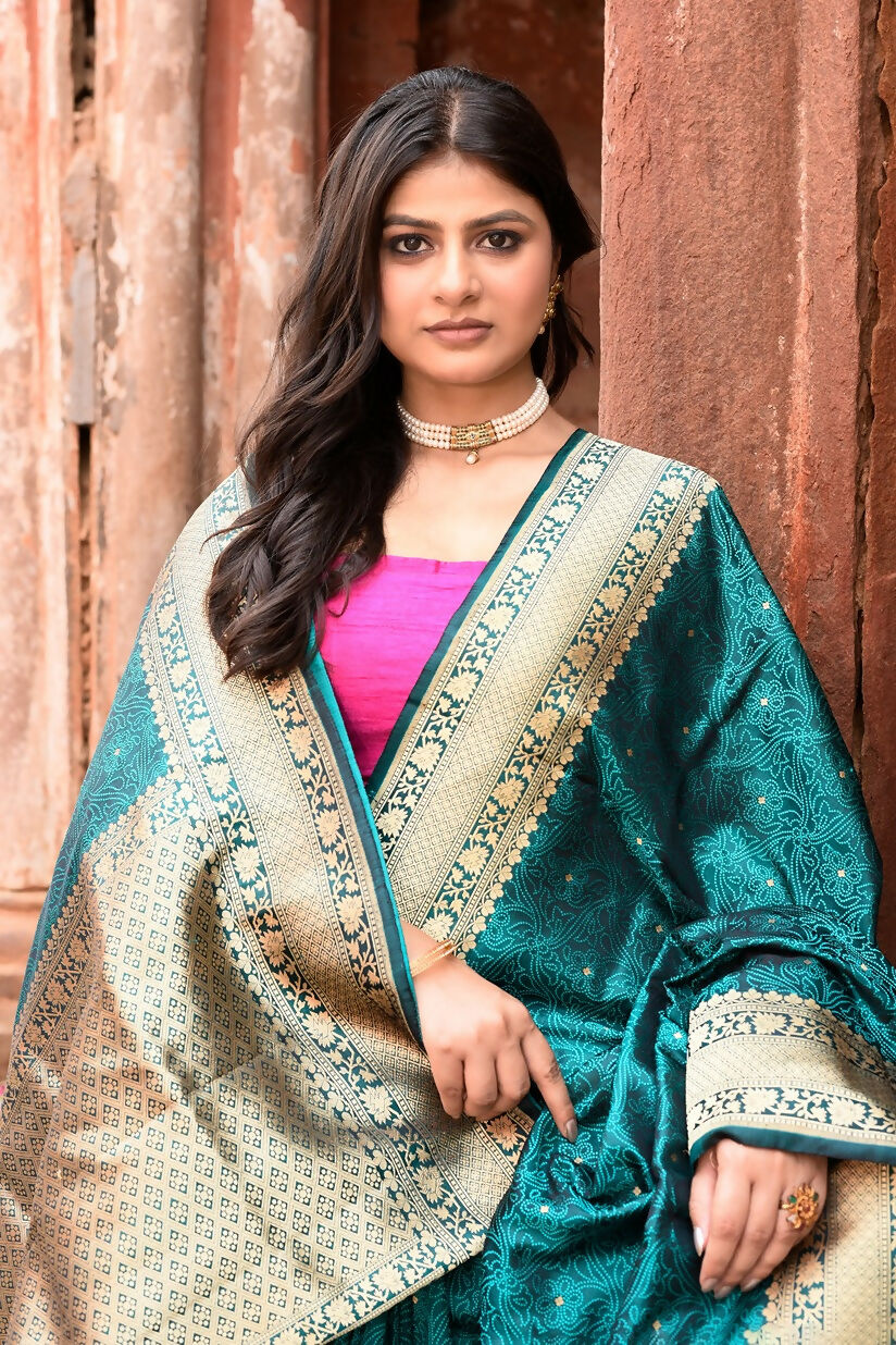 Joban Fashion Green Banarasi Katan Pure Handloom Banarasi Silk Saree | Grocsy