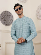 Blue Viscose Woven Jacquard Work Men's Rajwadi Kurta Set - Mahotsav | Grocsy