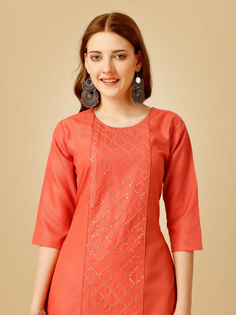 Jyoti Fashion Women's Coral Cotton Blend Embroidered Kurta Pant Set | Grocsy