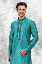 Raivat Ethnic Jacquard Silk Brocade Thread Work Kurta Pajama In Teal Green Colour | Grocsy
