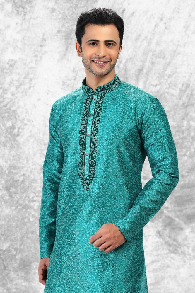 Raivat Ethnic Jacquard Silk Brocade Thread Work Kurta Pajama In Teal Green Colour | Grocsy