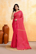 Piyari Fashion Women's Rani Pink Embellished Cotton Blend Zari Check Handloom Saree | Grocsy