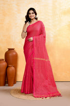 Piyari Fashion Women's Rani Pink Embellished Cotton Blend Zari Check Handloom Saree | Grocsy