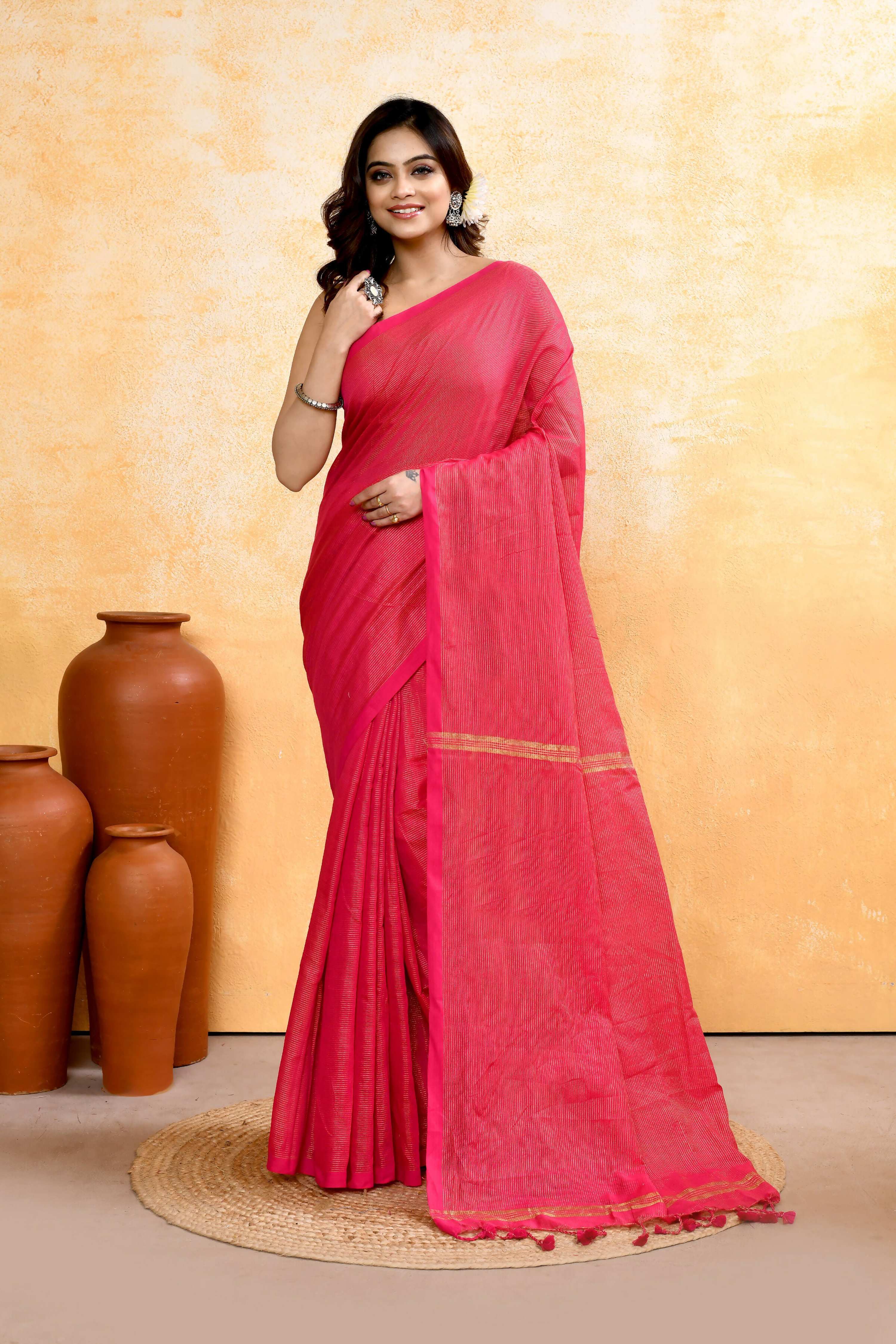 Piyari Fashion Women's Rani Pink Embellished Cotton Blend Zari Check Handloom Saree | Grocsy