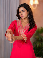 Juniper Women's Fuchsia Zari Embroidered Viscose Kurta & Pant Set With Sequins | Grocsy