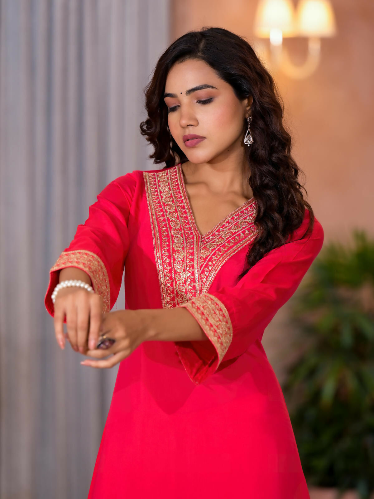 Juniper Women's Fuchsia Zari Embroidered Viscose Kurta & Pant Set With Sequins | Grocsy