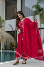 The52 Women's Beautiful Vichitra Silk Fabric Embroidery Work Flared Anarkali Pant and Dupatta Set | Grocsy