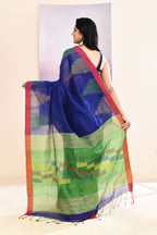 Piyari Fashion Women's Blue Temple Border Embellished Cotton Blend Jamdani Saree | Grocsy