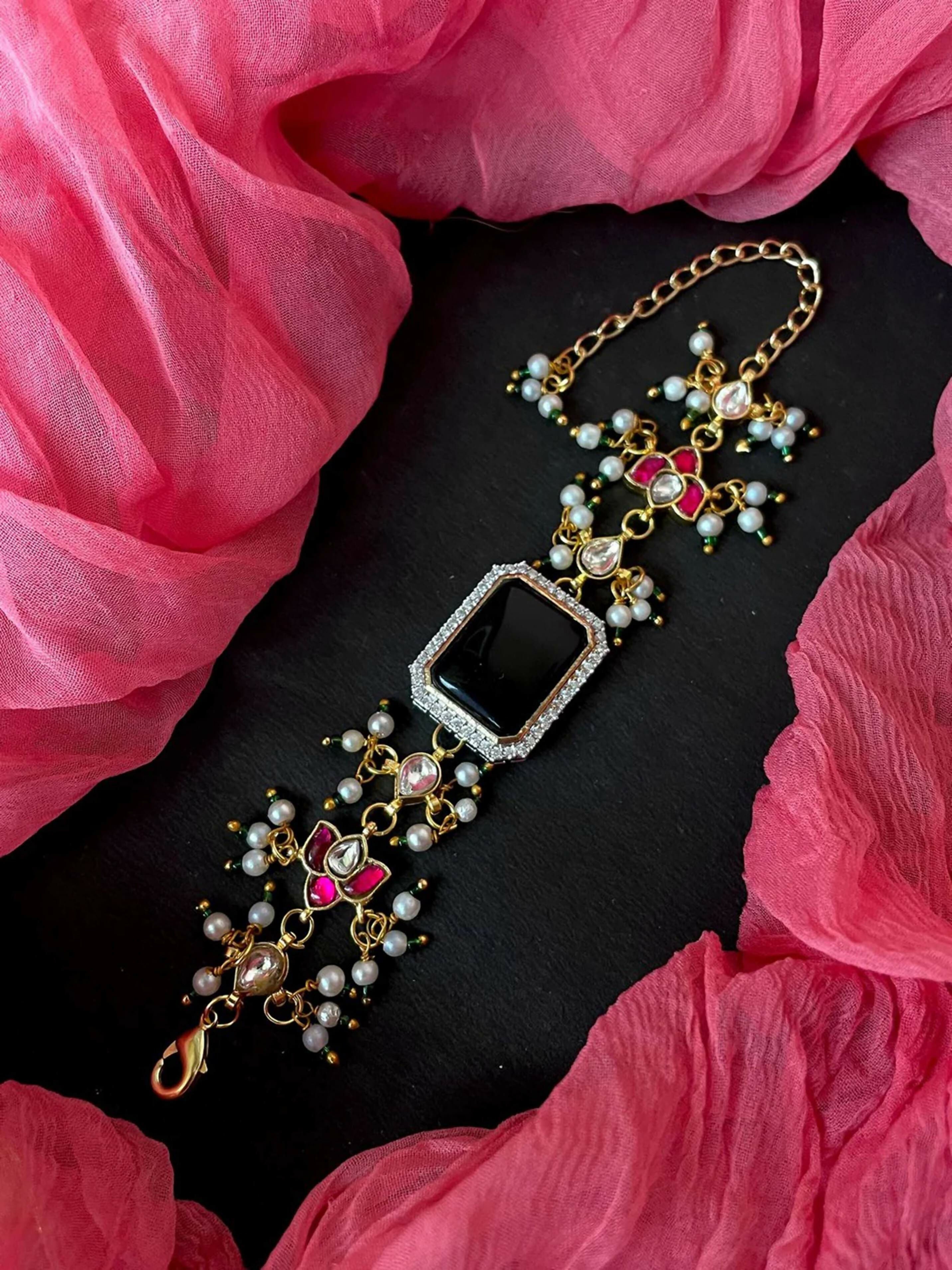 Joban Fashion Siwvei Brass Ad With Monalisa Stone And Pachi Kundan Beaded Bracelet | Grocsy