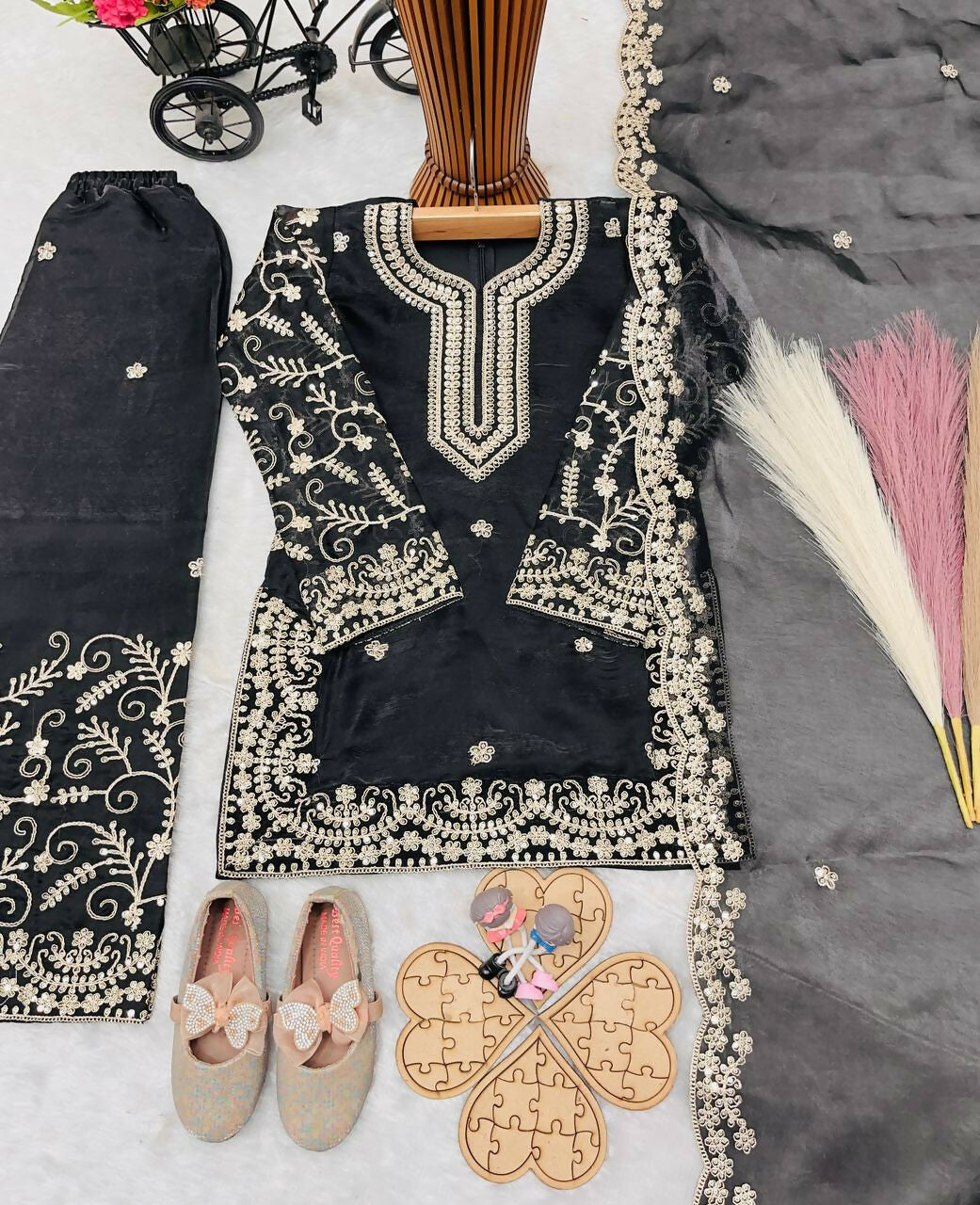 Teeya Creation New Kids Wedding Wear Heavy Embroidery Sequence Work Kurta Sharara Set-Black | Grocsy