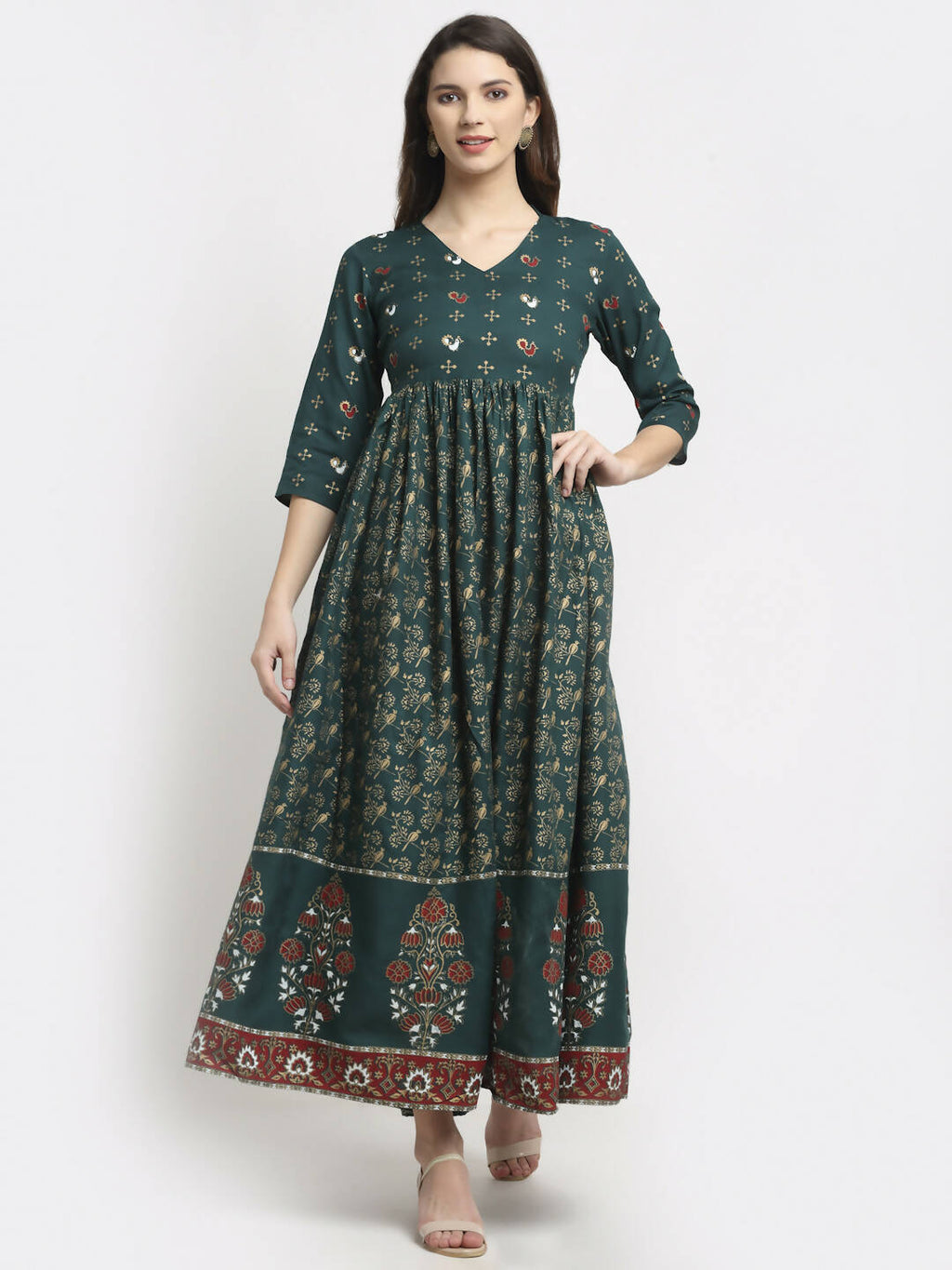 Rudra Bazaar Floral Printed A-Line Flared Green Kurti | Grocsy