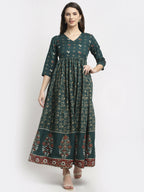Rudra Bazaar Floral Printed A-Line Flared Green Kurti | Grocsy