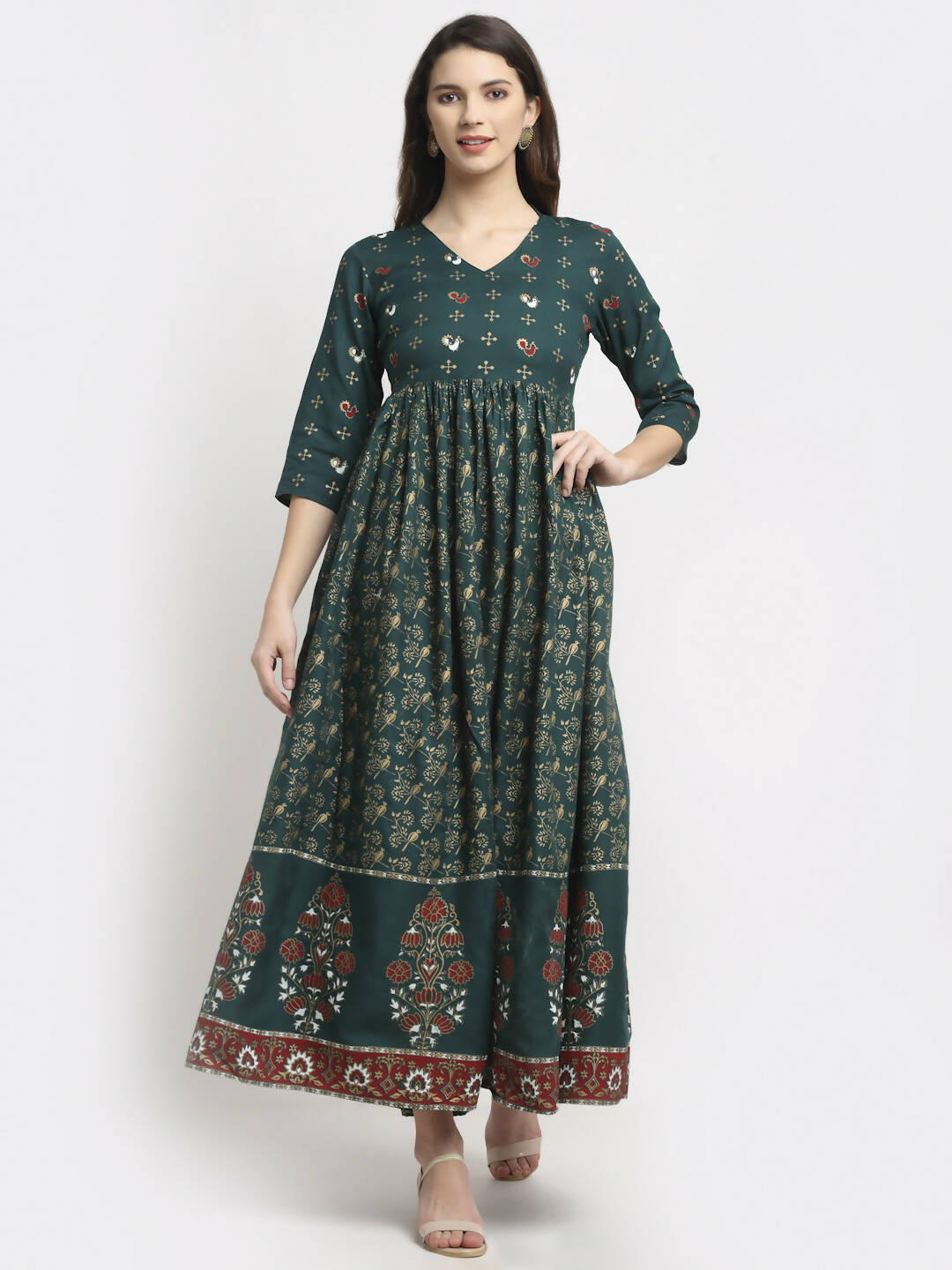 Rudra Bazaar Floral Printed A-Line Flared Green Kurti | Grocsy