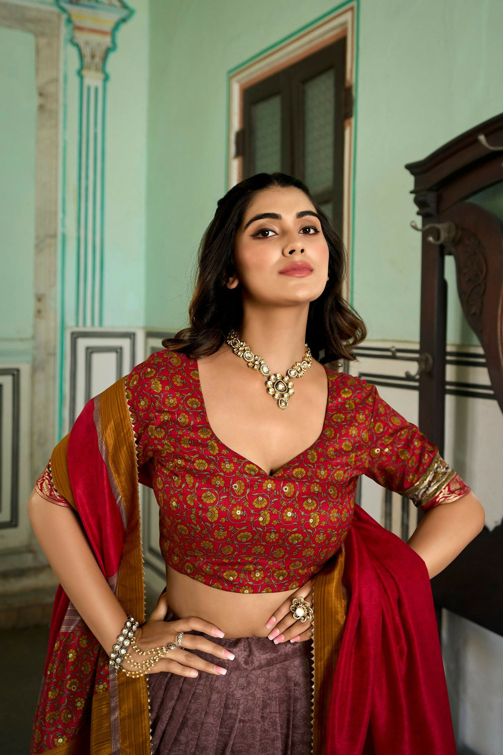 Vastranavya Kashmiri Print With Foil Print Lehenga With Unstitched Printed Blouse - Onion | Grocsy