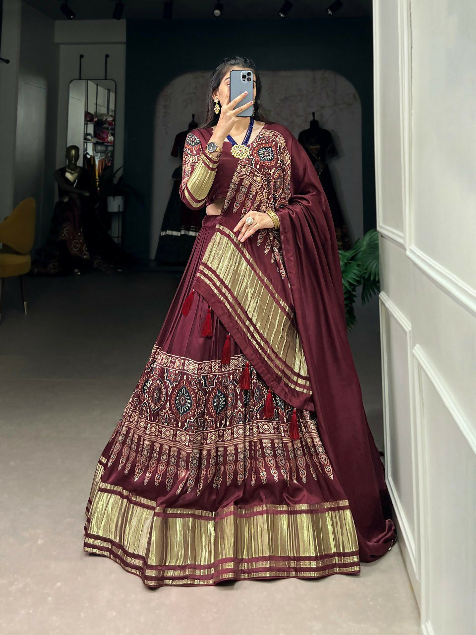 Vastranavya Traditional Every Occasion Gaji Silk Digital Print With Lagadi Patta Lehenga with Unstitched Blouse - Maroon | Grocsy