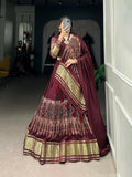 Vastranavya Traditional Every Occasion Gaji Silk Digital Print With Lagadi Patta Lehenga with Unstitched Blouse - Maroon | Grocsy