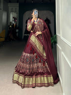 Vastranavya Traditional Every Occasion Gaji Silk Digital Print With Lagadi Patta Lehenga with Unstitched Blouse - Maroon | Grocsy