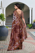 Prime Volt Women's Brown Printed Mal Cotton Saree with Designer Blouse Piece | Grocsy