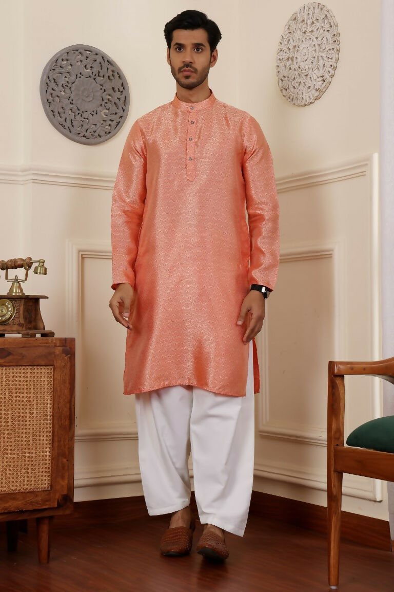 Orange Viscose Woven Jacquard Work Men's Rajwadi Kurta Set - Mahotsav | Grocsy