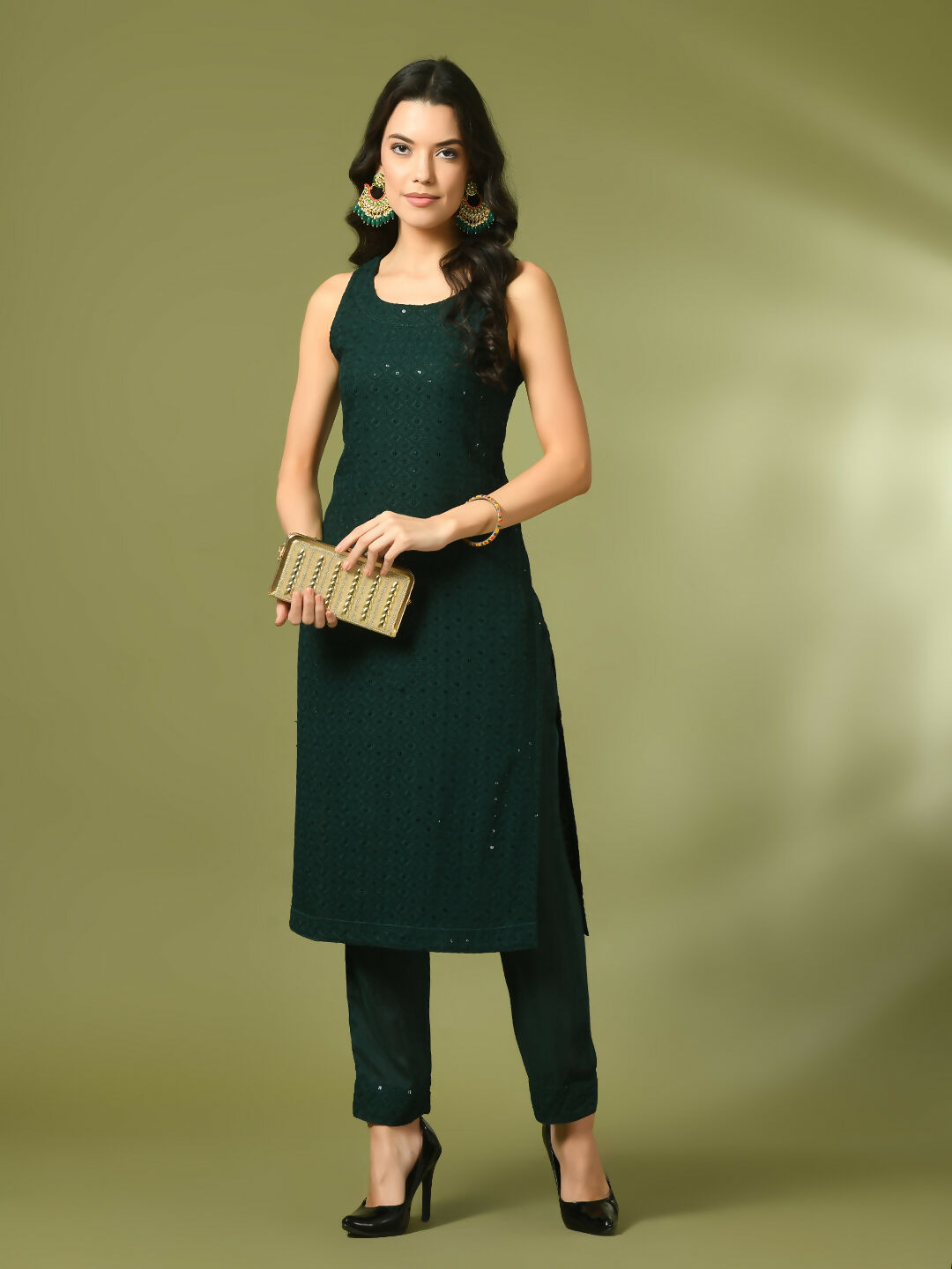 Myshka Women's Green Embroidered Cotton Straight Party Kurta Set | Grocsy