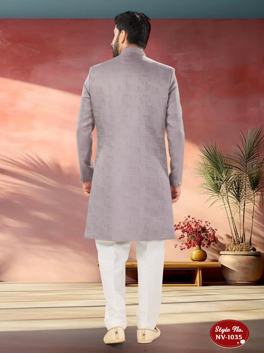 Joban Fashion Men's Light Purple Straight Imported Tr Self-Design In Fabric Indo-Western Kurta Set | Grocsy