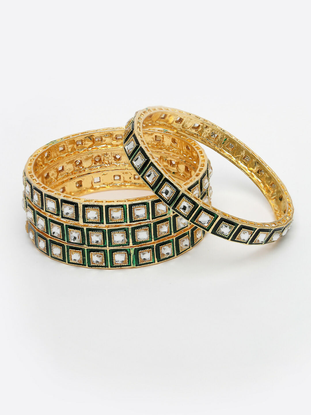 NVR Women's Set Of 4 Gold-Polished Green Kundan-Studded Traditional Bangles | Grocsy