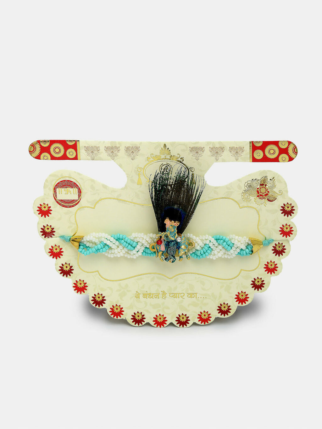 NVR Women & Men Set of 2 Blue Krishna Pearl Bhaiya Bhabhi Rakhi With Roli Chawal & Chocolate | Grocsy